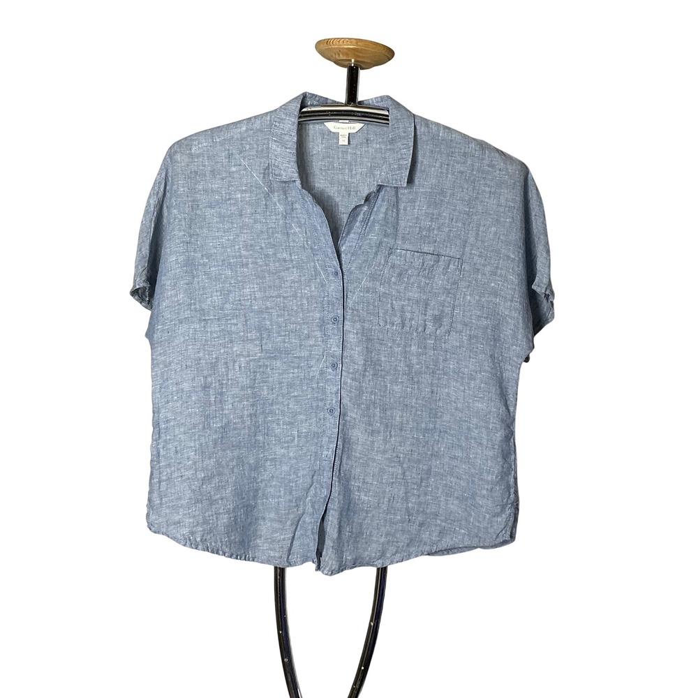 Garnet Hill 100% Linen Button Front‎ Shirt Women's 14 Blue Short Sleeve Top